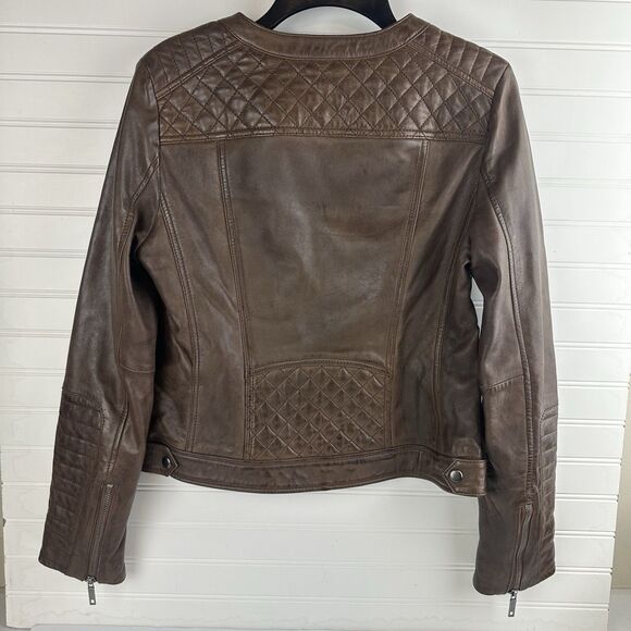 Brown Leather Moto Racing Biker Jacket Womens Small Full Zip Quilted Butter Soft - Picture 3 of 13